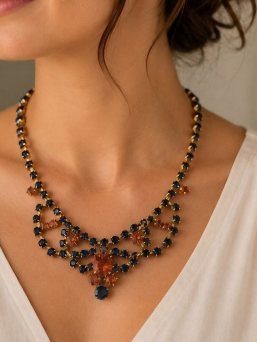 Vintage 1950s Blue & Orange Rhinestone‎ Bib Necklace